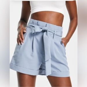 High Waist Light Blue Tie-Front Shorts